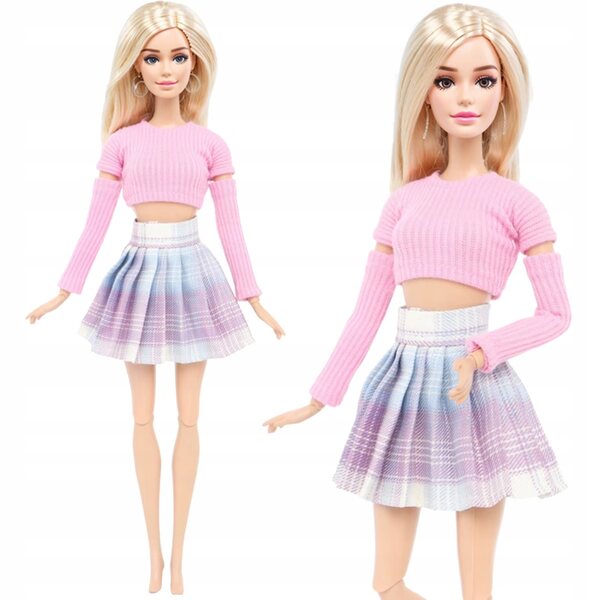 Barbie-Puppen-Modeset: rosa Oberteil, karierter Rock, Höschen und Schuhe