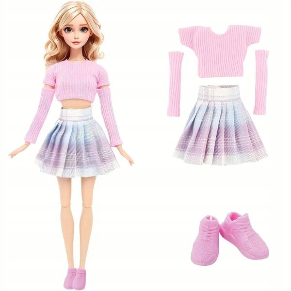 Barbie-Puppen-Modeset: rosa Oberteil, karierter Rock, Höschen und Schuhe