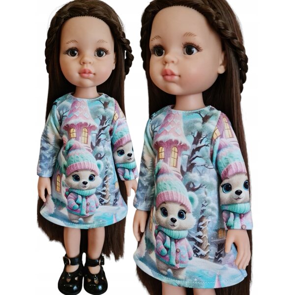 Ein Outfit für eine 32 cm große Paola Reina-Puppe mit einem Winterbärenmotiv