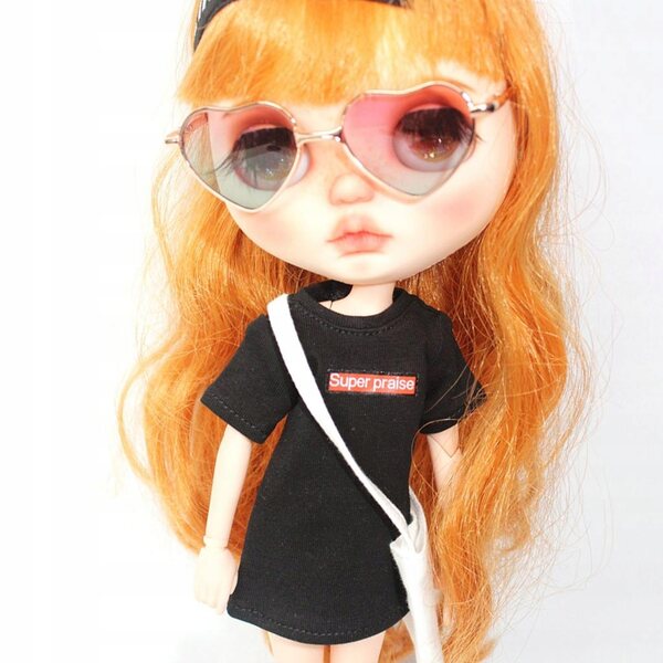 T-shirt con stampa lettera per bambole Blythe 1/6 in nero, bianco e rosa