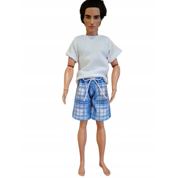 Completo per bambola: T-shirt bianca e shorts blu a quadretti, set italiano