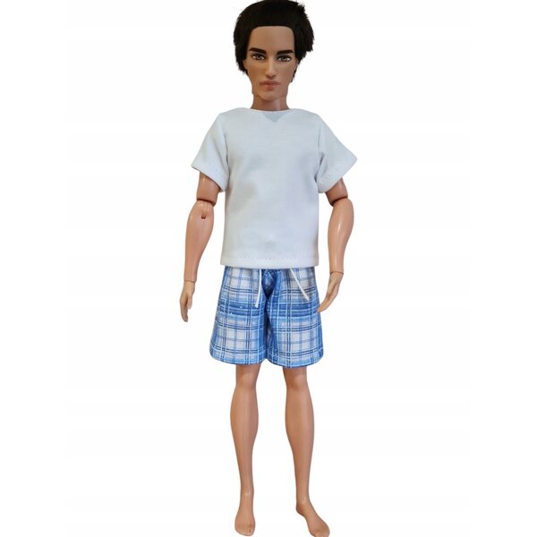 Completo per bambola: T-shirt bianca e shorts blu a quadretti, set italiano