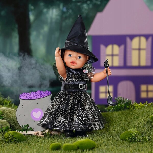 Costume strega per bambole Baby Born 43 cm con scopa e cappello Halloween