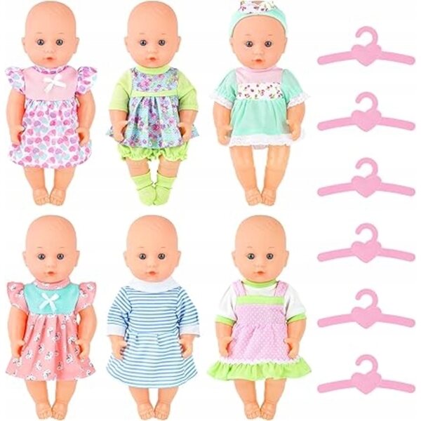 Kleidungsset für Puppen 28-36 cm mit 6 deAO-Kleidungsstücken, Höschen und Kleiderbügeln