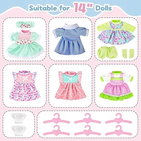Kleidungsset für Puppen 28-36 cm mit 6 deAO-Kleidungsstücken, Höschen und Kleiderbügeln