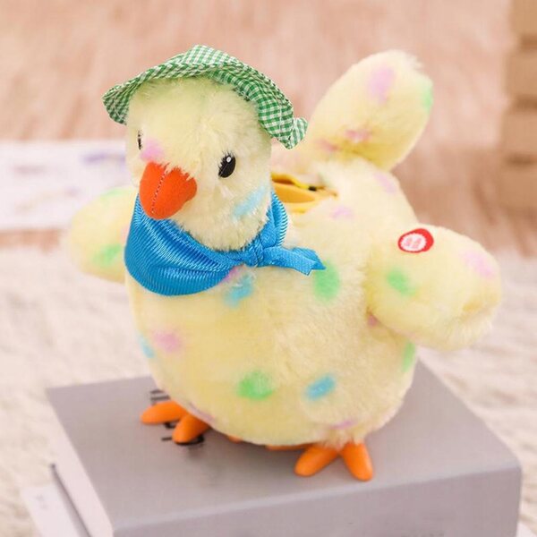 Gallina di peluche che depone le uova con musica e danza, morbida e interattiva