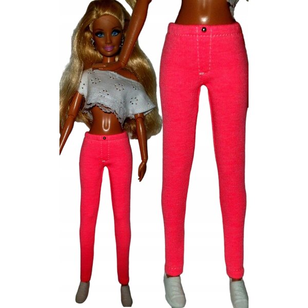 Pantaloni per bambole in tessuto rosa neon con perla argento, elasticizzati