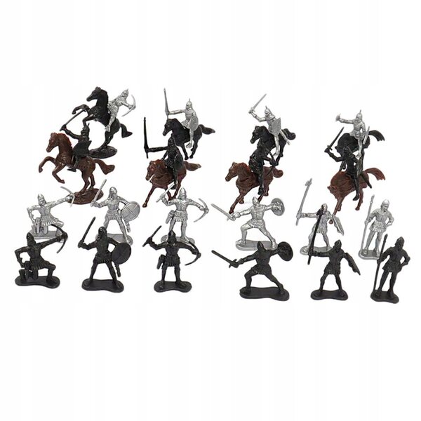 Set 28 figure armata di soldati e cavalieri medievali con cavalli
