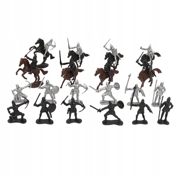 Set 28 figure armata di soldati e cavalieri medievali con cavalli