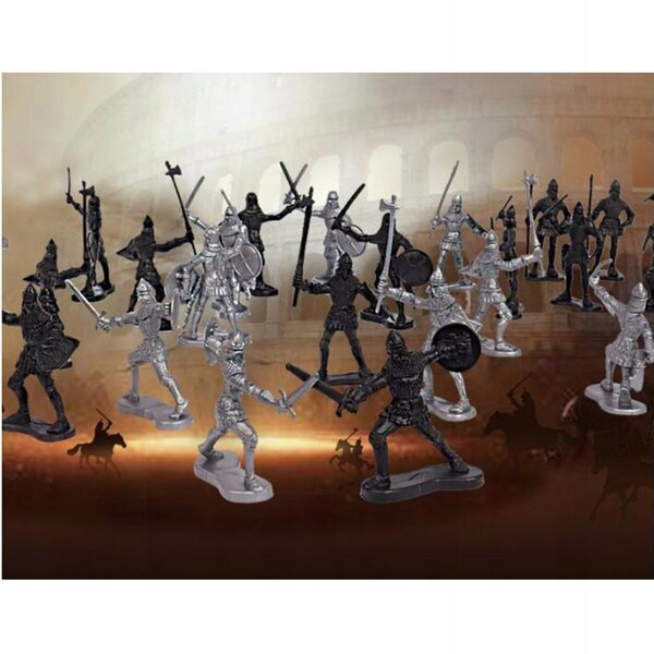 Set 28 figure armata di soldati e cavalieri medievali con cavalli