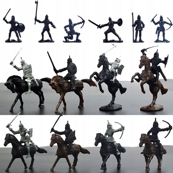 Set 28 figure armata di soldati e cavalieri medievali con cavalli
