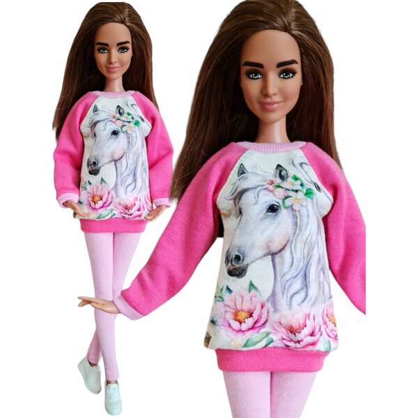 Rosa completo per bambola con felpa e leggings bianco con cavallo - vestito moda bambola