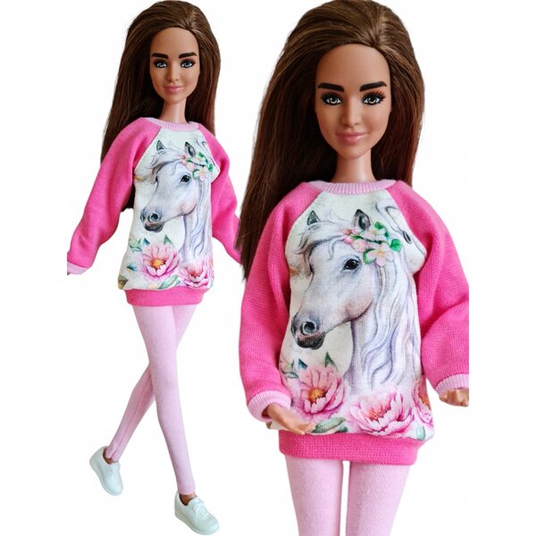 Rosa completo per bambola con felpa e leggings bianco con cavallo - vestito moda bambola