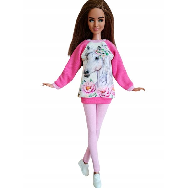 Rosa completo per bambola con felpa e leggings bianco con cavallo - vestito moda bambola
