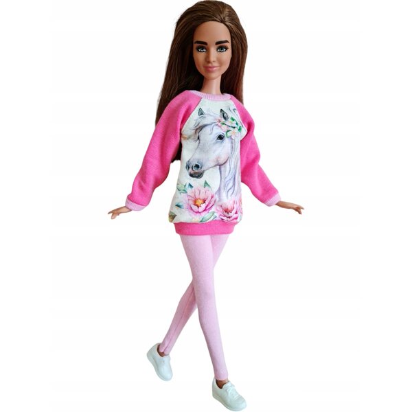 Rosa completo per bambola con felpa e leggings bianco con cavallo - vestito moda bambola