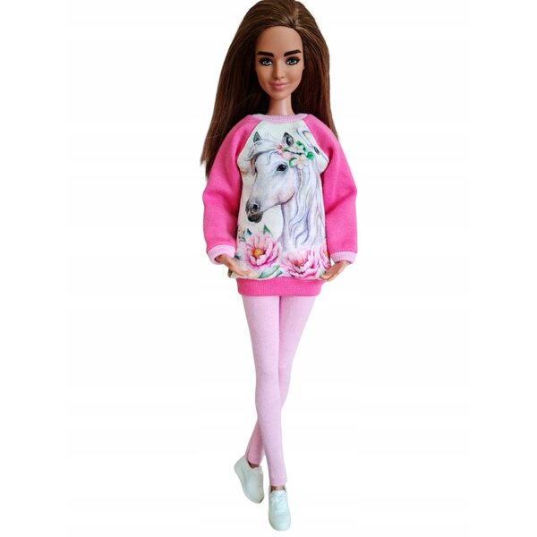 Rosa completo per bambola con felpa e leggings bianco con cavallo - vestito moda bambola