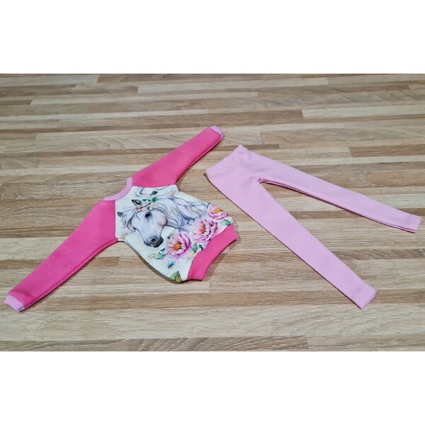 Rosa completo per bambola con felpa e leggings bianco con cavallo - vestito moda bambola
