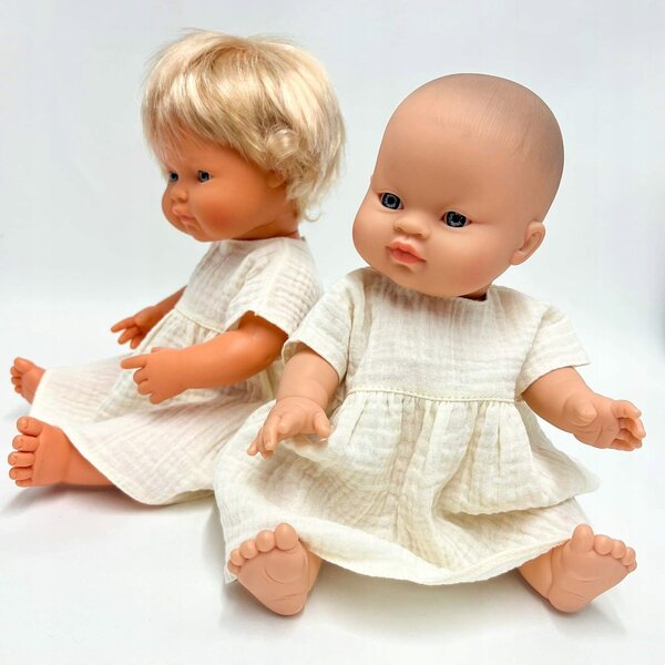 Vanille-Öko-Musselin-Kleid für Miniland 38 cm und Paola Reina Puppen