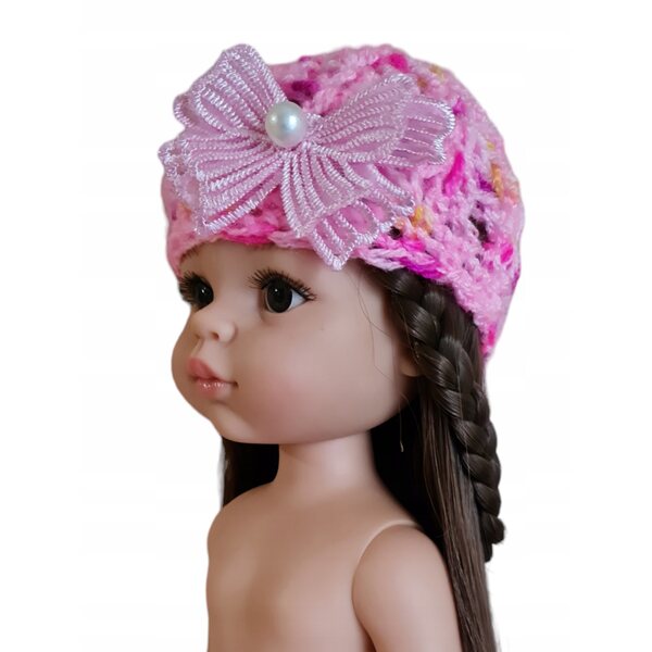 Cappellino in lana fatto a mano per bambola Paola Reina 32 cm con decorazione 3D