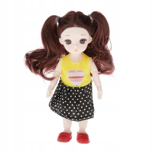 16-cm-BJD-Puppe mit braunem lockigem Haar und modischer Kleidung