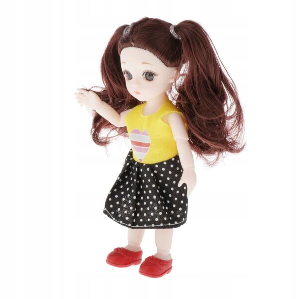 16-cm-BJD-Puppe mit braunem lockigem Haar und modischer Kleidung