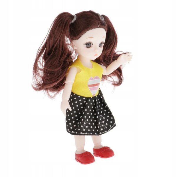 16-cm-BJD-Puppe mit braunem lockigem Haar und modischer Kleidung