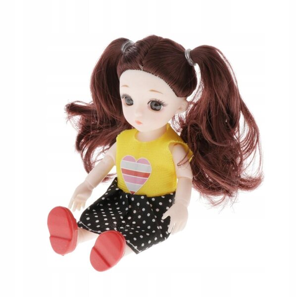 16-cm-BJD-Puppe mit braunem lockigem Haar und modischer Kleidung