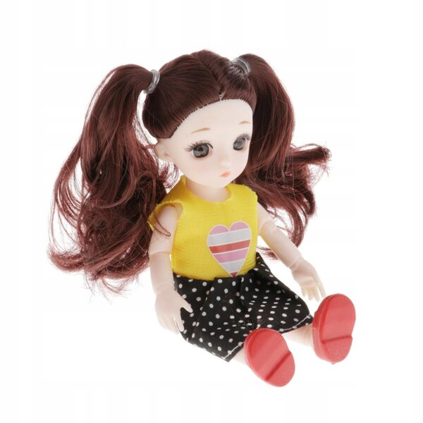 16-cm-BJD-Puppe mit braunem lockigem Haar und modischer Kleidung