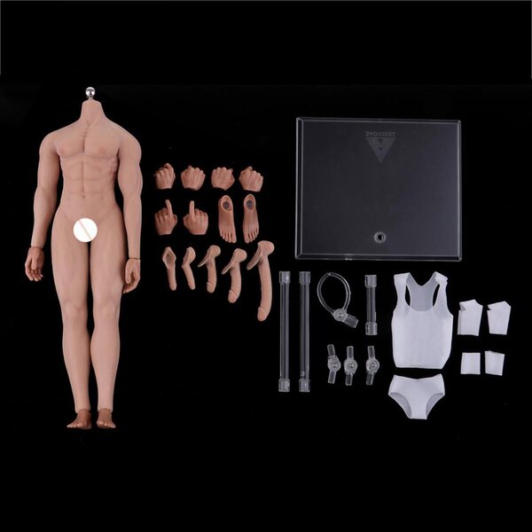 Figur eines muskulösen Mannes im Maßstab 1:6 mit Metallrahmen und weißen Accessoires