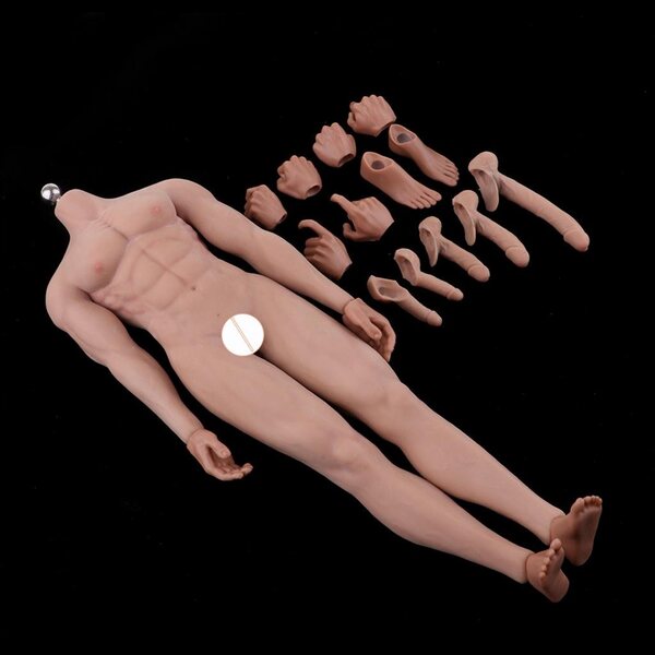 Figur eines muskulösen Mannes im Maßstab 1:6 mit Metallrahmen und weißen Accessoires