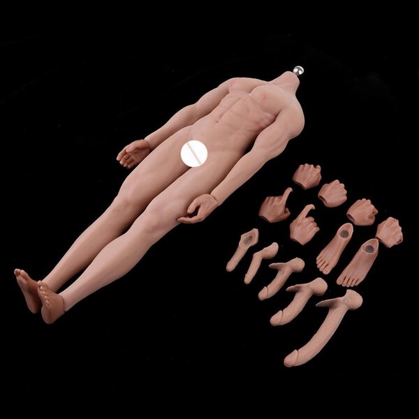 Figur eines muskulösen Mannes im Maßstab 1:6 mit Metallrahmen und weißen Accessoires