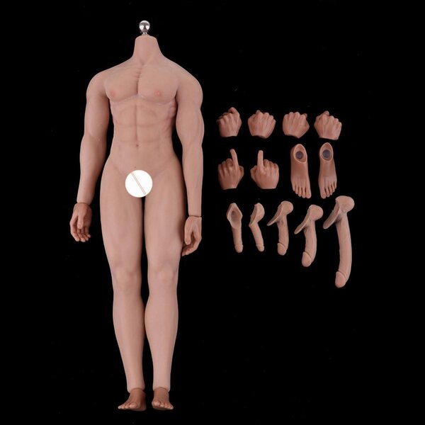 Figur eines muskulösen Mannes im Maßstab 1:6 mit Metallrahmen und weißen Accessoires