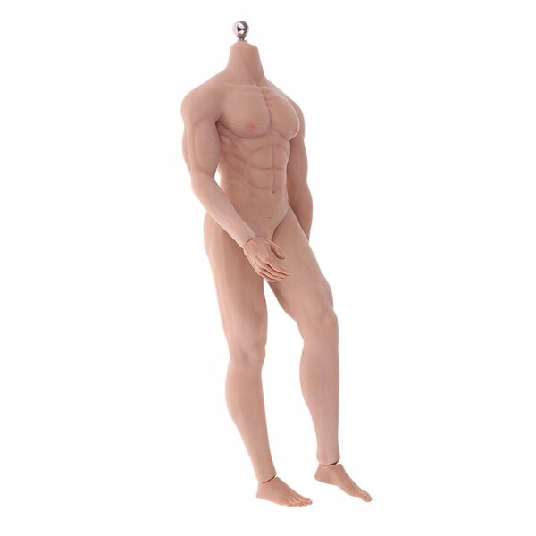 Figur eines muskulösen Mannes im Maßstab 1:6 mit Metallrahmen und weißen Accessoires