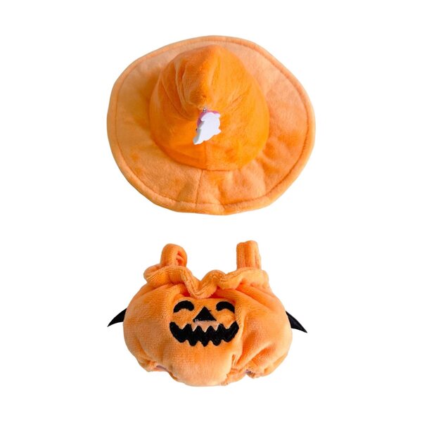 Costume zucca in tessuto morbido per bambole da 15-17 cm con cappello arancione