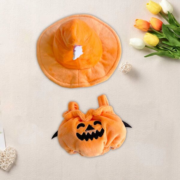 Costume zucca in tessuto morbido per bambole da 15-17 cm con cappello arancione