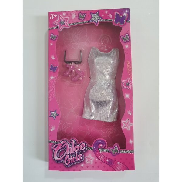 Modische Puppenkleidung: Kleid, Schuhe und Brille im Barbie-Stil