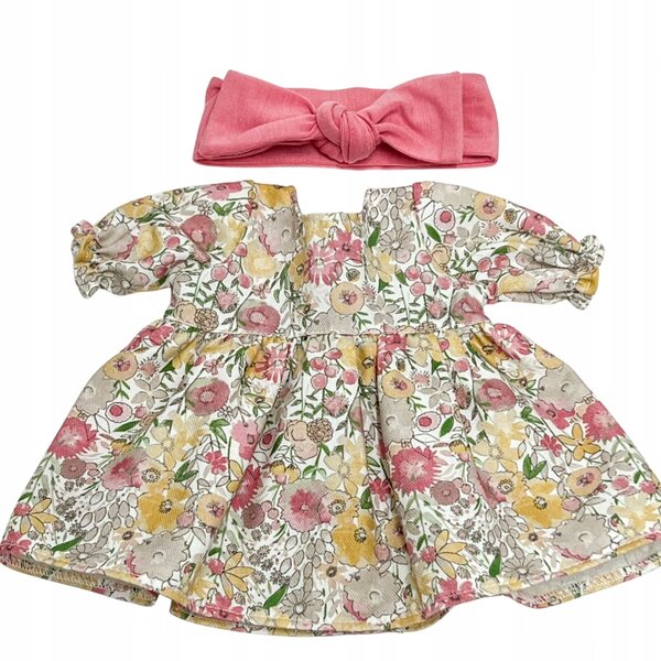 Kleid mit Stirnband für Miniland 38 cm und Minikane 34 cm Puppen, Blumenmuster