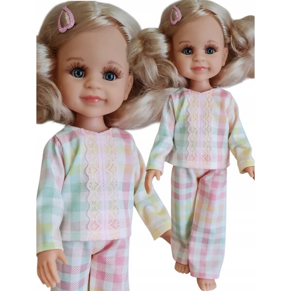 Pyjama-Set für 32-cm-Puppe aus pastellkariertem Stoff mit Spitzendetails