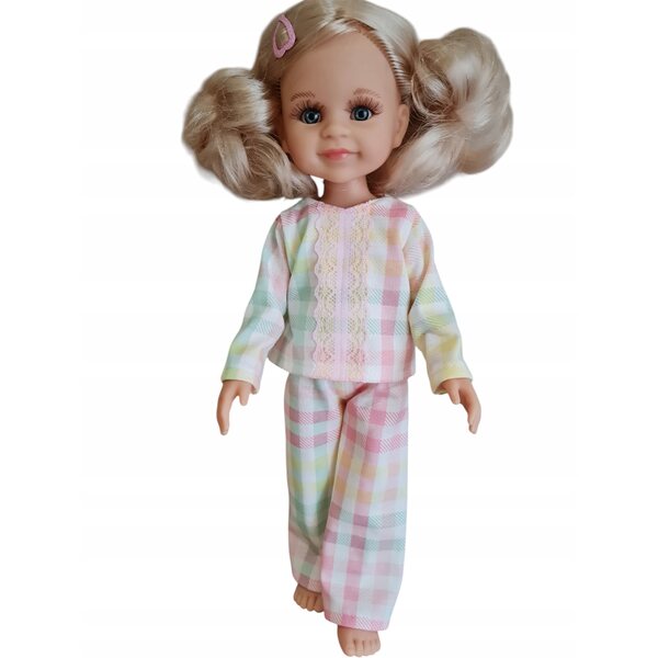 Pyjama-Set für 32-cm-Puppe aus pastellkariertem Stoff mit Spitzendetails