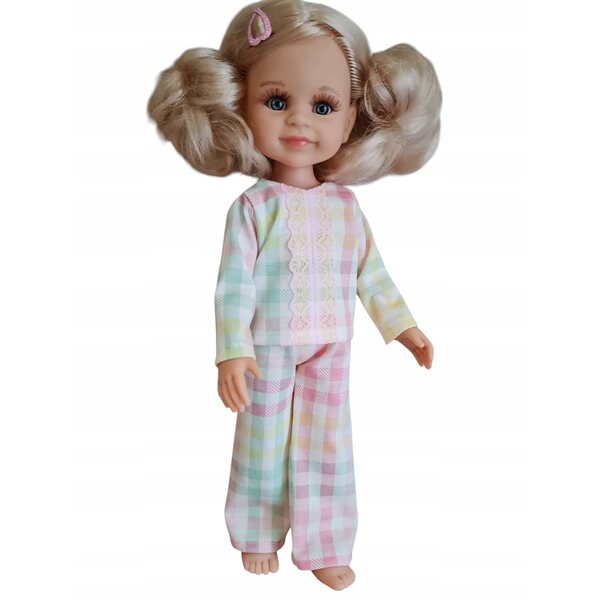 Pyjama-Set für 32-cm-Puppe aus pastellkariertem Stoff mit Spitzendetails