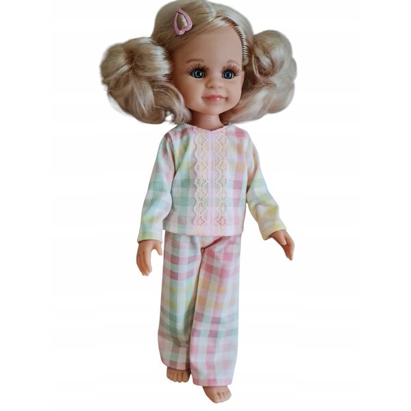 Pyjama-Set für 32-cm-Puppe aus pastellkariertem Stoff mit Spitzendetails