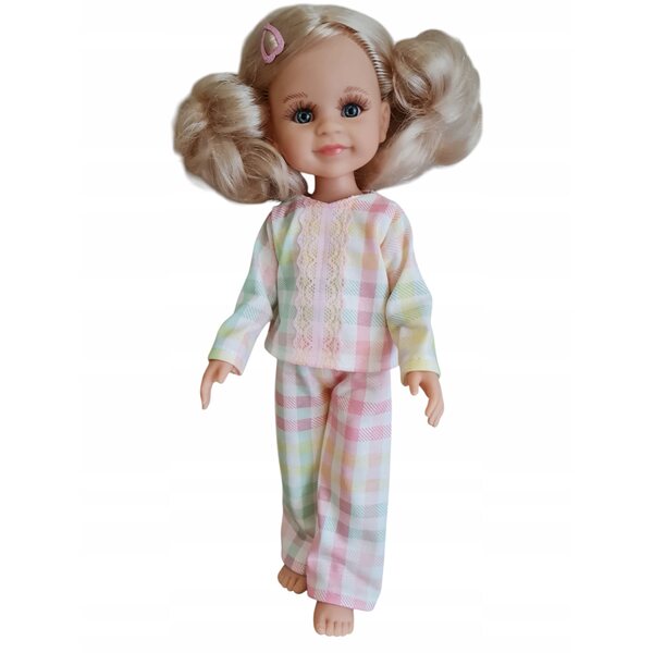Pyjama-Set für 32-cm-Puppe aus pastellkariertem Stoff mit Spitzendetails
