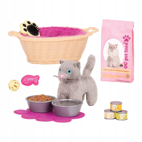 Set accessori per cura del gattino Our Generation con giochi e ciotole colorate