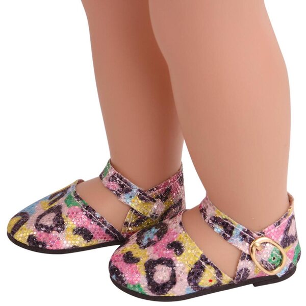 Flache Schuhe mit Pailletten für 18-Zoll-Puppen, gelbes Leopardenmuster
