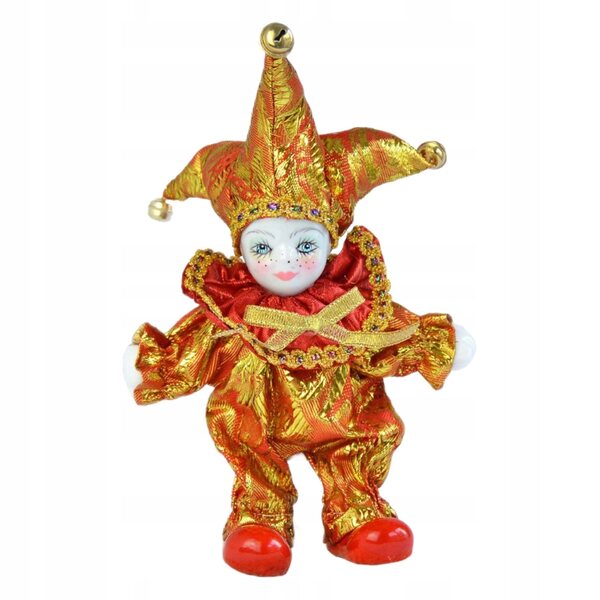 Vintage-Clownpuppe aus Porzellan und Stoff 19 cm – handwerkliche Dekoration