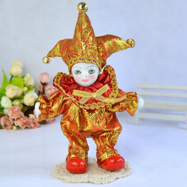 Bambola Clown Vintage in Porcellana e Tessuto 19 cm - Decorazione Artigianale