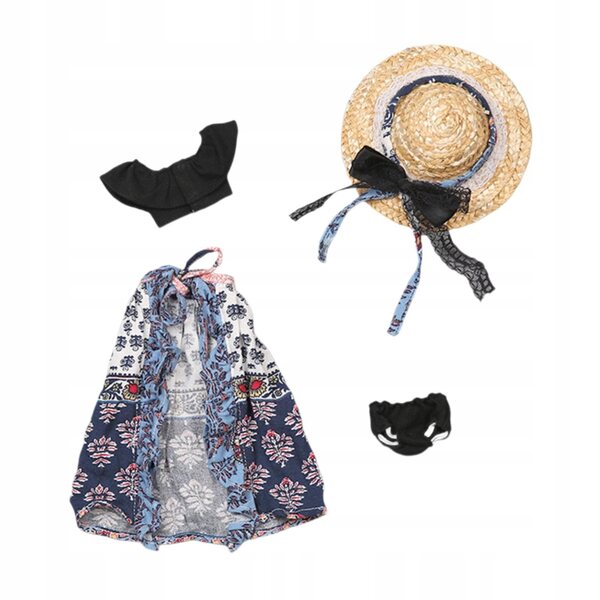 Handgefertigte blaue Kleidung 1/6 für Puppen 4 Teile: Oberteil, Rock, Hut, Kalesony
