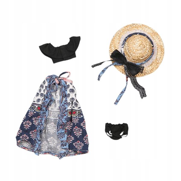 Handgefertigte blaue Kleidung 1/6 für Puppen 4 Teile: Oberteil, Rock, Hut, Kalesony