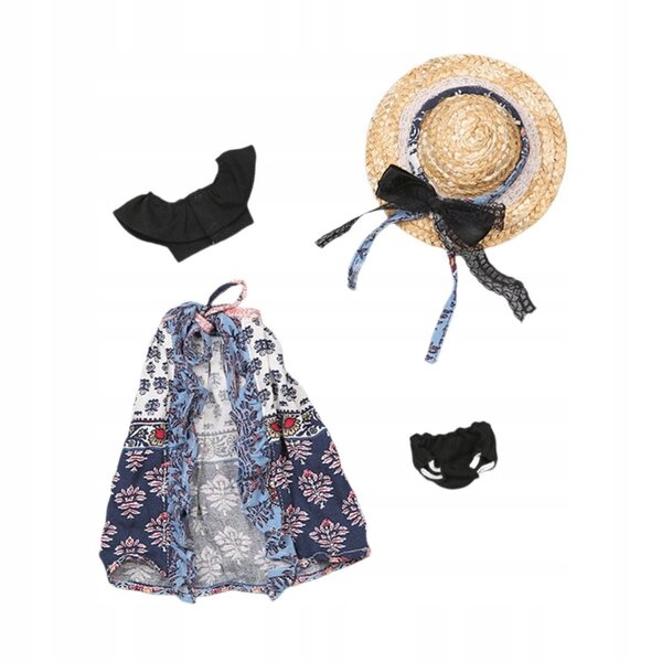 Handgefertigte blaue Kleidung 1/6 für Puppen 4 Teile: Oberteil, Rock, Hut, Kalesony