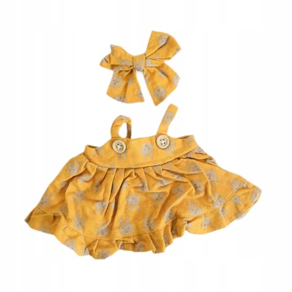 Kleidung für 38-cm-Puppen mit gelbem Kleid aus weichem Stoff und Haarschleife